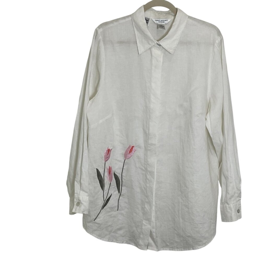 Richard Malcolm Womens 1X Button-Down Vintage Irish‎ Linen Embroidered Floral